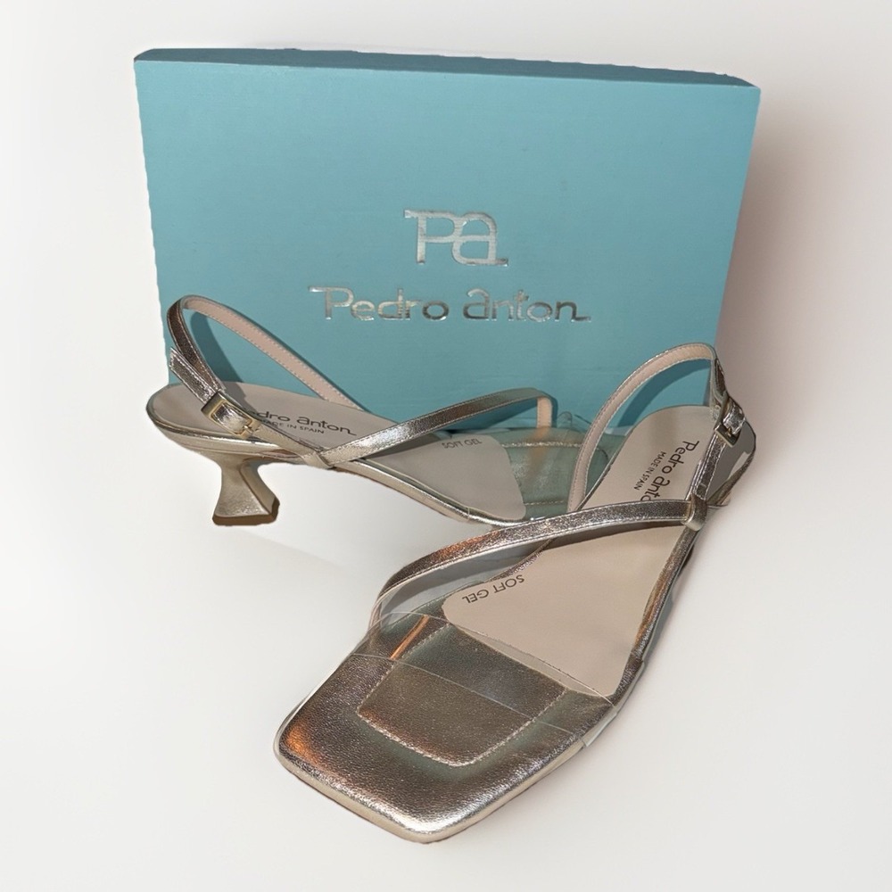 Pedro Anton NEW Rose Metallic Clear Vinyl Square Toe‎ Slingback Sandals US 10/40